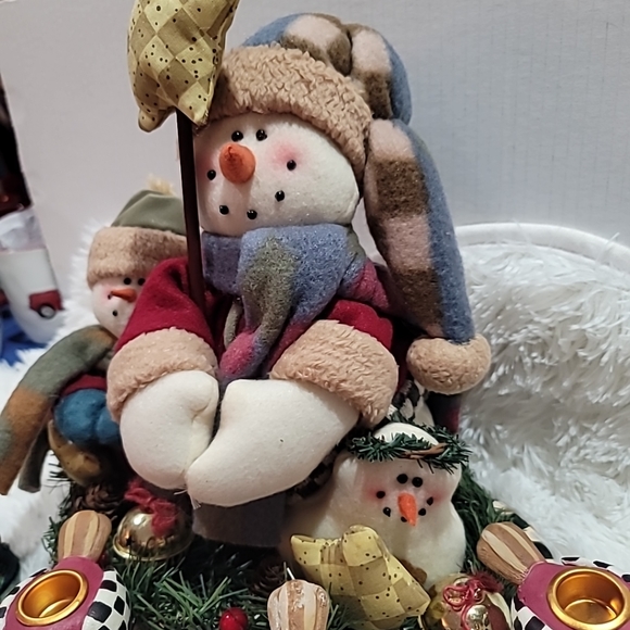 Vintage Fabric Snowman Family Centerpiece With Bird Candle Holders, 13" Tall New - Picture 6 of 8